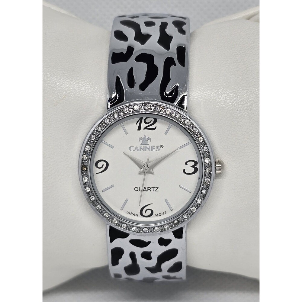Women's Cannes Round Silver Tone Rhinestone Bezel Animal Print Bangle Watch 08